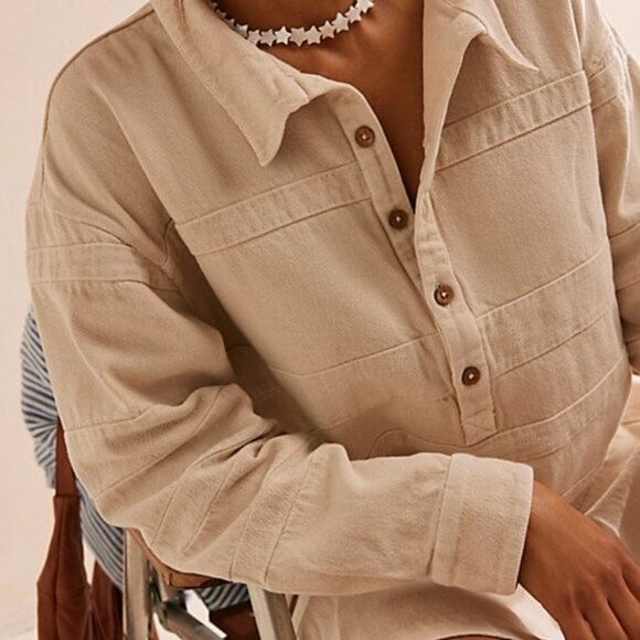 NWT Free People Free-Est Checkin' In Mini Dress Long Sleeve Cotton Neutral - Picture 3 of 16